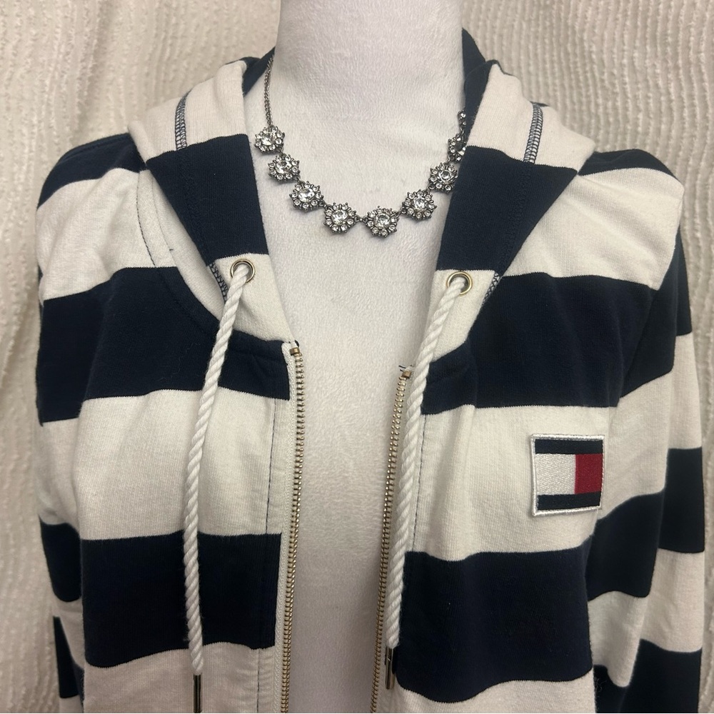 Tommy Hilfiger Striped Zip Up Sweatshirt XL Blue White Y2K Streetwear - Picture 4 of 15